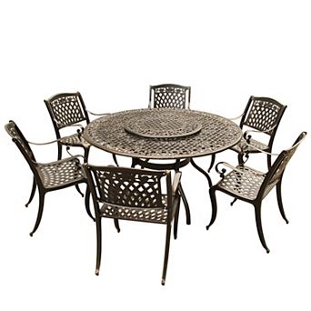 Rose Outdoor Aluminum 59 Inch Bronze Round Dining Set With Lazy Susan And Six Chairs