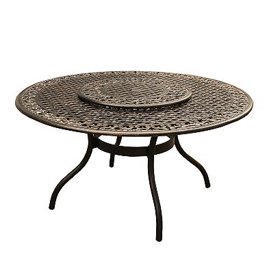 Rose Outdoor Aluminum 59 Inch Bronze Round Dining Set With Lazy Susan And Six Chairs