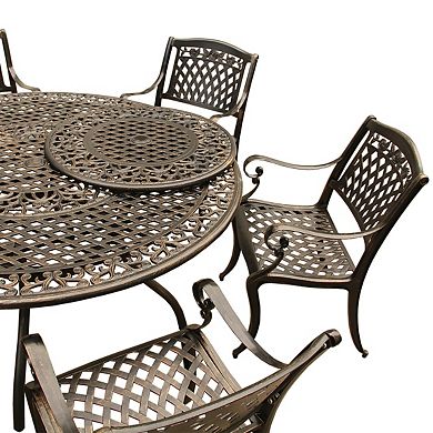 Rose Outdoor Aluminum 59 Inch Bronze Round Dining Set With Lazy Susan And Six Chairs