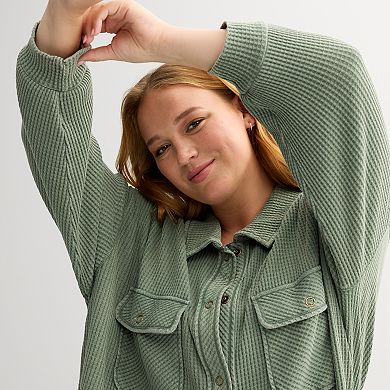 Juniors' Plus Size Rewind Waffle Button Front Shacket