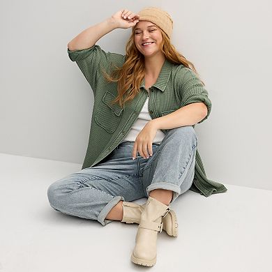Juniors' Plus Size Rewind Waffle Button Front Shacket