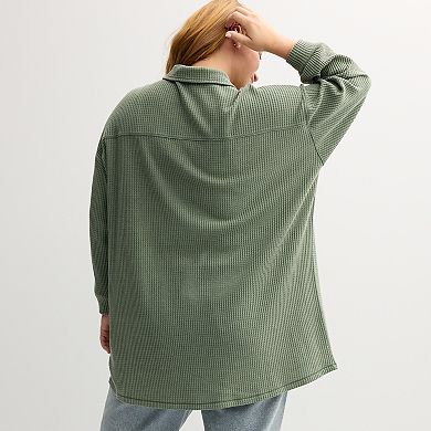 Juniors' Plus Size Rewind Waffle Button Front Shacket