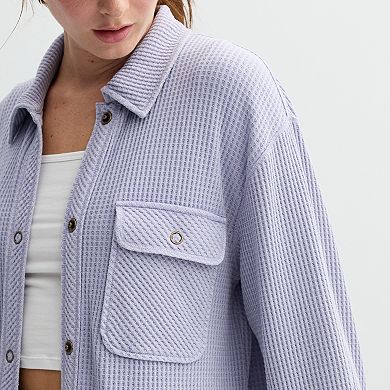 Juniors' Rewind Waffle Snap Front Knit Shacket