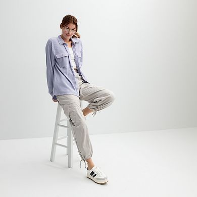 Juniors' Rewind Waffle Snap Front Knit Shacket