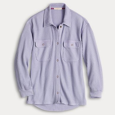 Juniors' Rewind Waffle Snap Front Knit Shacket