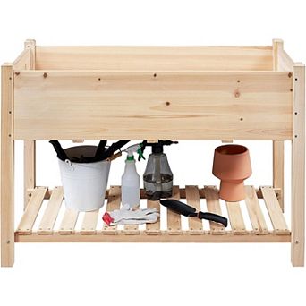 Natural 47 inch Indoor and Outdoor Raised Wooden Planter with Two Tiers and Lower Storage Shelf