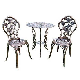 3 pc Outdoor Bistro Set With Rose Design In Antique Bronze Finish