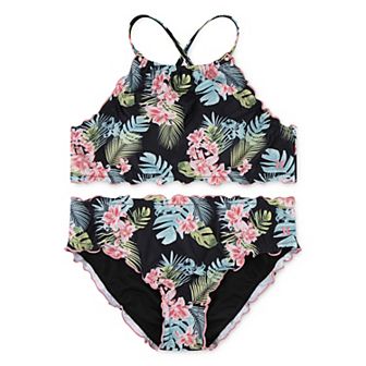 Girls 7-16 Hurley UPF Floral Print With Ruffle Details Halter Bikini Top & Bottoms 2 pc Swim Set