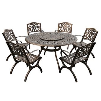 Modern Outdoor Aluminum 59 in Bronze Large Round Patio Dining Set With Lazy Susan And Six Chairs
