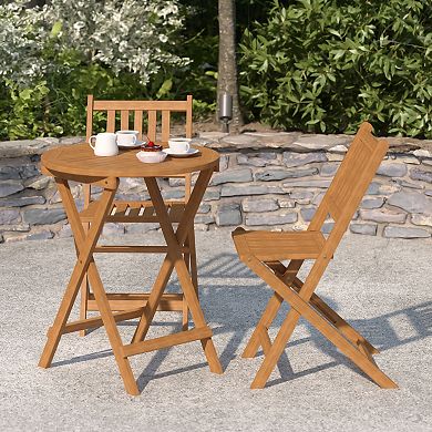 Merrick Lane Stora 3 Piece Solid Acacia Wood Folding Patio Bistro Set with Table and 2 Chairs