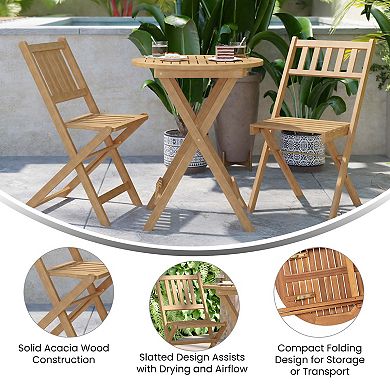 Merrick Lane Stora 3 Piece Solid Acacia Wood Folding Patio Bistro Set with Table and 2 Chairs
