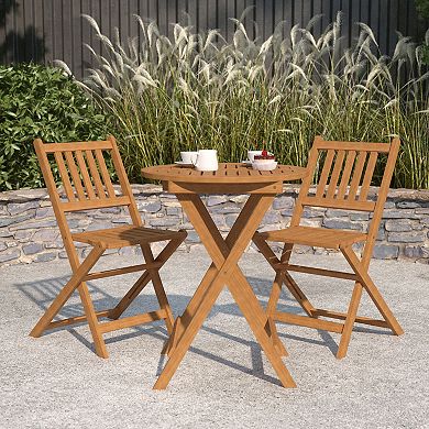 Merrick Lane Stora 3 Piece Solid Acacia Wood Folding Patio Bistro Set with Table and 2 Chairs
