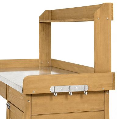 Natural Wood Potting Bench with Cabinet and Metal Tabletop, Outdoor Garden Work Table, 43.8''