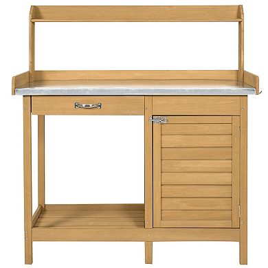 Natural Wood Potting Bench with Cabinet and Metal Tabletop, Outdoor Garden Work Table, 43.8''