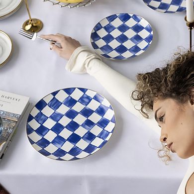 Ozarke Royal Blue Check Plate Set, Fine Bone China - Set of 12