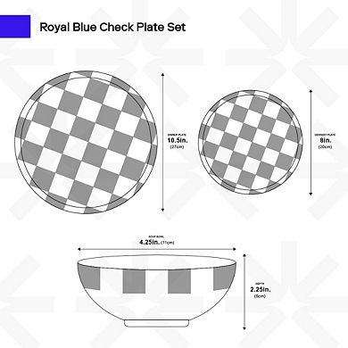 Ozarke Royal Blue Check Plate Set, Fine Bone China - Set of 12