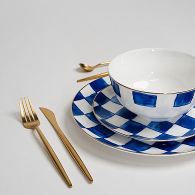 Ozarke Royal Blue Check Plate Set, Fine Bone China - Set of 12