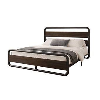 Queen Heavy Duty Round Metal Frame Platform Bed With Black Wood Panel Headboard