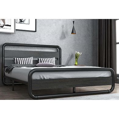 Queen Heavy Duty Round Metal Frame Platform Bed With Black Wood Panel Headboard