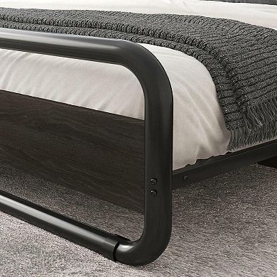 Queen Heavy Duty Round Metal Frame Platform Bed With Black Wood Panel Headboard