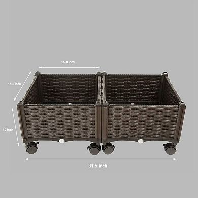 2-Piece Raised Garden Planter Box Set with Wheels Self-Watering Indoor Outdoor Planters, Brown