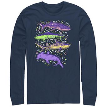 Men's Colorful Sharks And Doodles Long Sleeve Graphic Tee