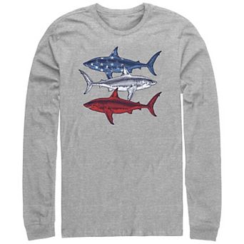 Men's Red White And Blue Sharks Long Sleeve Graphic Tee