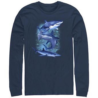 Men's Three Blue Sharks Long Sleeve Graphic Tee