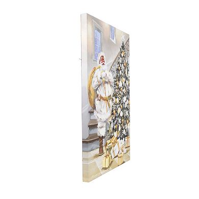 Gold-Tone Santa on Christmas LED Light-Up Canvas Wall Art