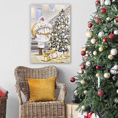 Gold-Tone Santa on Christmas LED Light-Up Canvas Wall Art