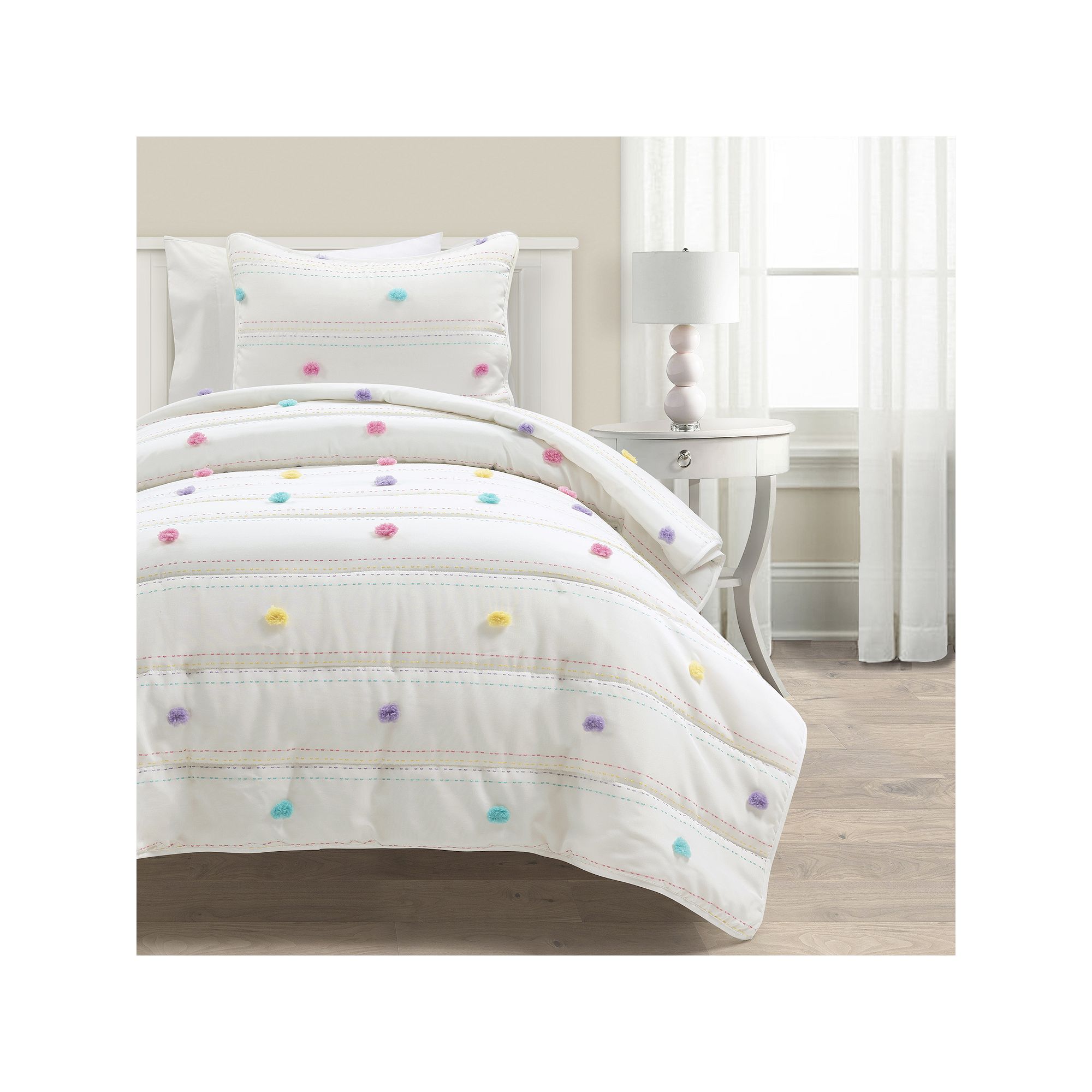 Lush Decor Kids Rainbow Pom Pom And Stripes Quilt Set, Multi