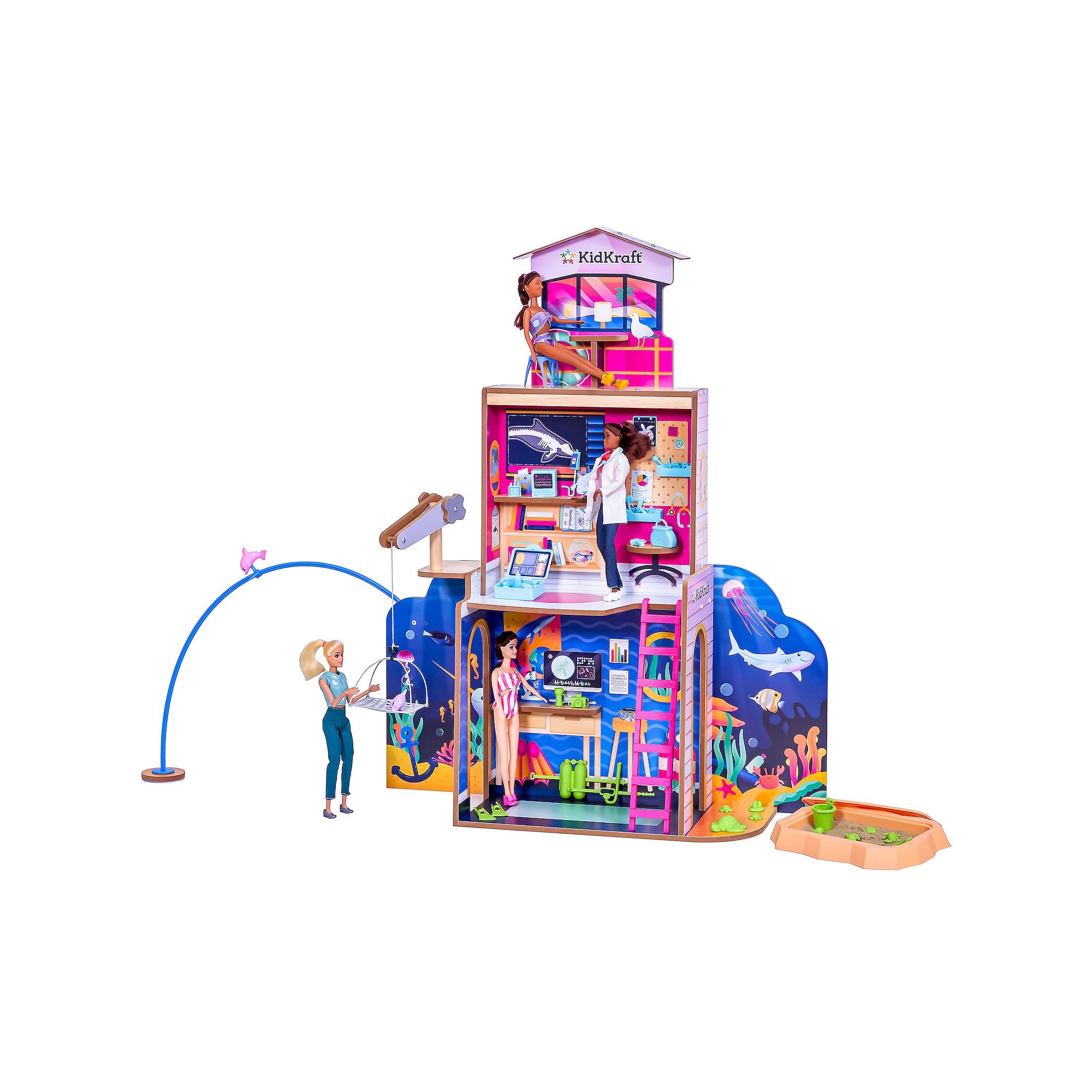 KidKraft 2-in-1 Beach & Rescue Center Wooden Dollhouse with 50 Accessories,