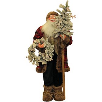Northlight 4' Standing Plaid Santa with Faux Fur Detailing, Wreath & Alpine Tree Christmas Decor