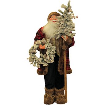 Northlight 4' Standing Plaid Santa with Faux Fur Detailing, Wreath & Alpine Tree Christmas Decor