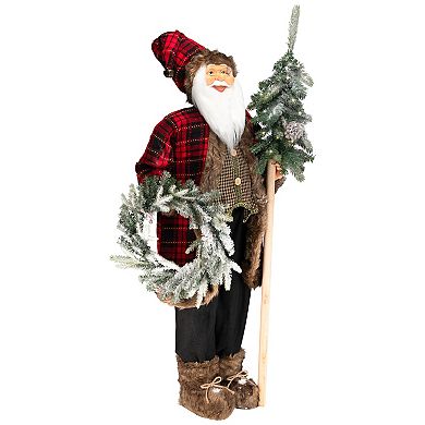 Northlight 4' Standing Plaid Santa with Faux Fur Detailing, Wreath & Alpine Tree