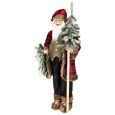 Northlight 4' Standing Plaid Santa with Faux Fur Detailing, Wreath & Alpine Tree