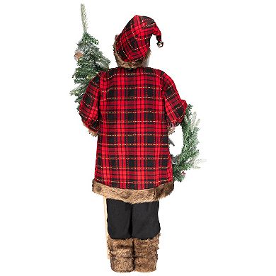 Northlight 4' Standing Plaid Santa with Faux Fur Detailing, Wreath & Alpine Tree