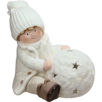 Northlight 12.5 in White Christmas Snowball With Sitting Boy Tealight Candle Holder