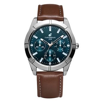 Men's Caribbean Joe Silver Tone Blue Dial Brown Strap Watch