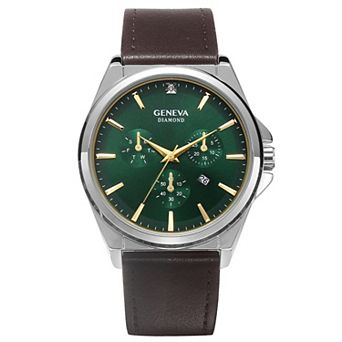 Geneva 43 mm Silver Tone Diamond Accent Green Dial Strap Watch