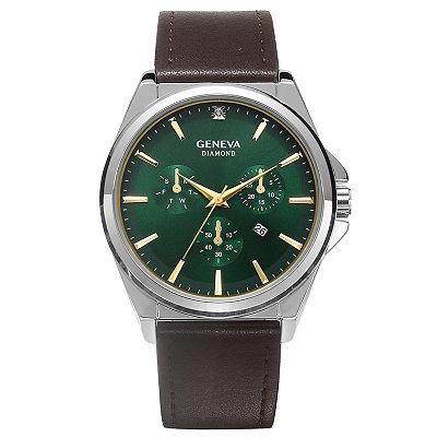 Geneva 43 mm Silver Tone Diamond Accent Green Dial Strap Watch