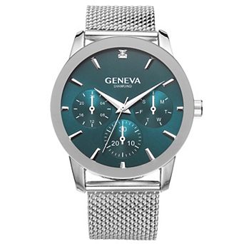 Geneva 42 mm Silver Tone Diamond Accent Mesh Watch