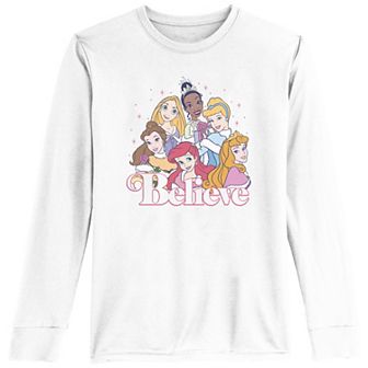Disney Princess Ariel, Rapunzel, Tiana, Belle, Cinderella & Aurora Believe Girls 7-16 Long Sleeve Graphic Tee