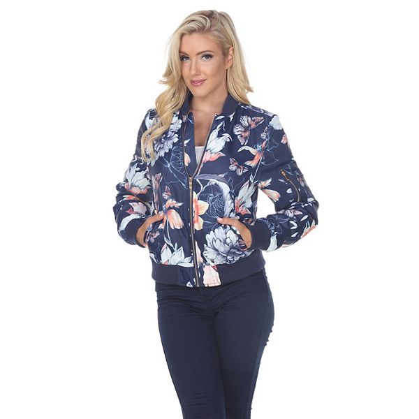 Black White Floral Print Women's Bomber Jacket
