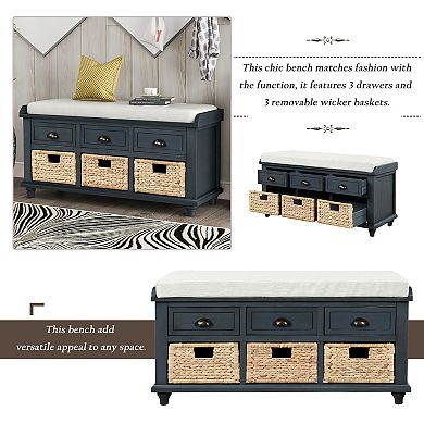 Merax Rustic Storage Bench With 3 Drawers And 3 Rattan Baskets