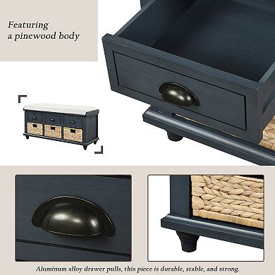 Merax Rustic Storage Bench With 3 Drawers And 3 Rattan Baskets