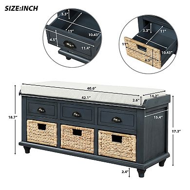 Merax Rustic Storage Bench With 3 Drawers And 3 Rattan Baskets