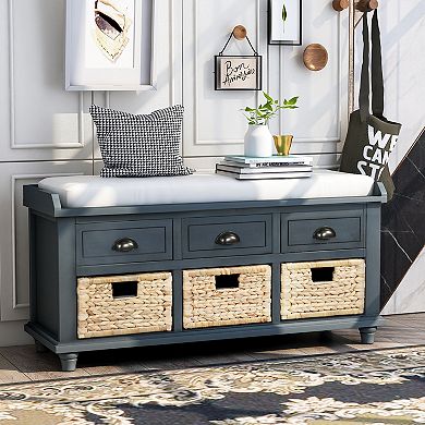 Merax Rustic Storage Bench With 3 Drawers And 3 Rattan Baskets