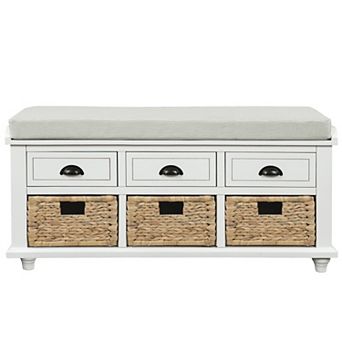 Merax Rustic Storage Bench With 3 Drawers And 3 Rattan Baskets