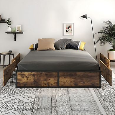 Queen Metal Wood Platform Bed Frame With 4 Storage Drawers - 800 Lbs Max Weight